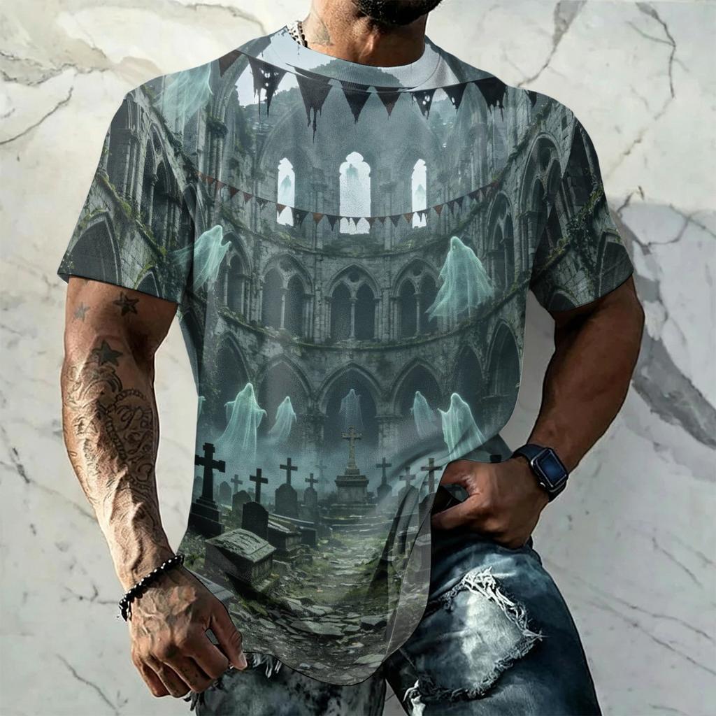 Men's Halloween Print Vintage Texture Short Sleeve T Shirt Loose Breathable Summer Sports Street Casual Daily Wear Top
