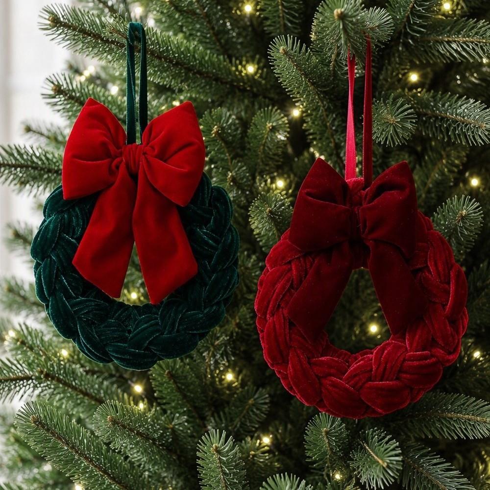 Handmade Bowknot Wreath Hanging Ornament Plush Christmas Wreath Door Decor Wall Decor