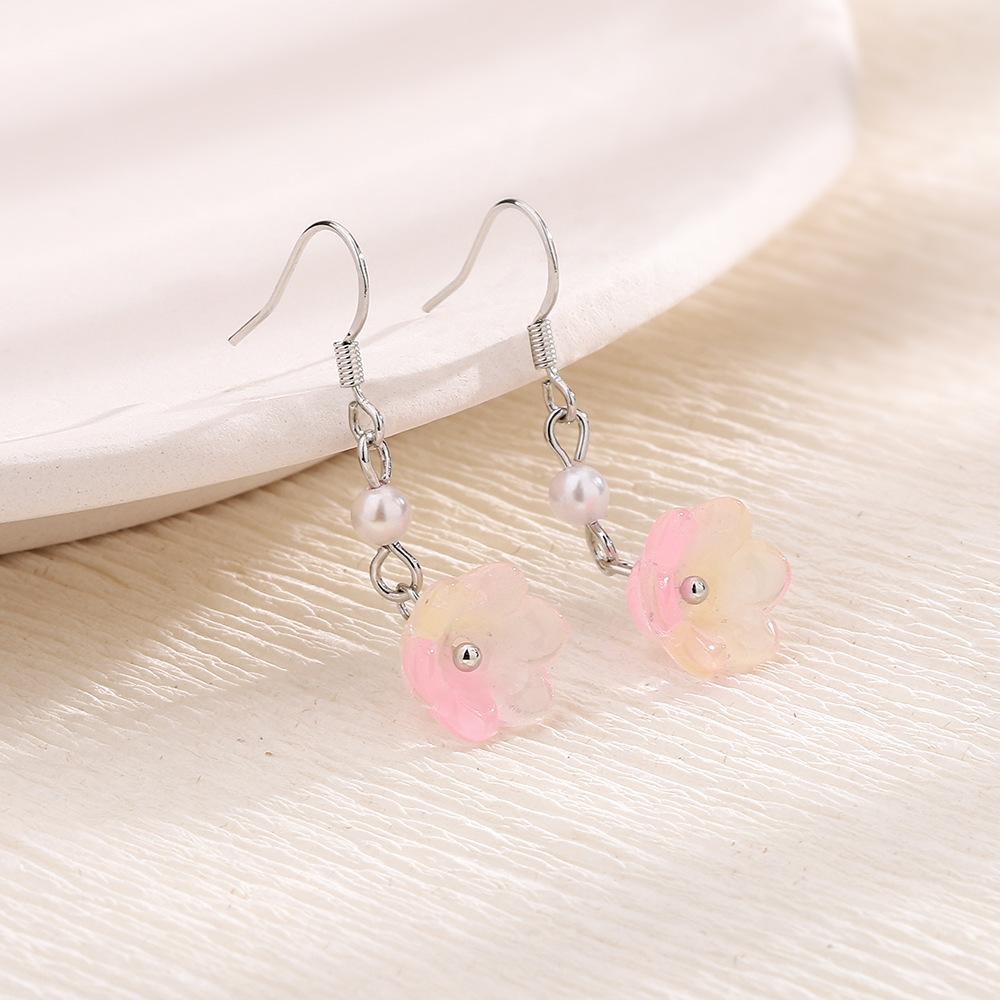 Transparent Pink Small Flower Pearl Earrings Spring  Style Girl Elegant Morning Glory Magnolia Ear Hook Long