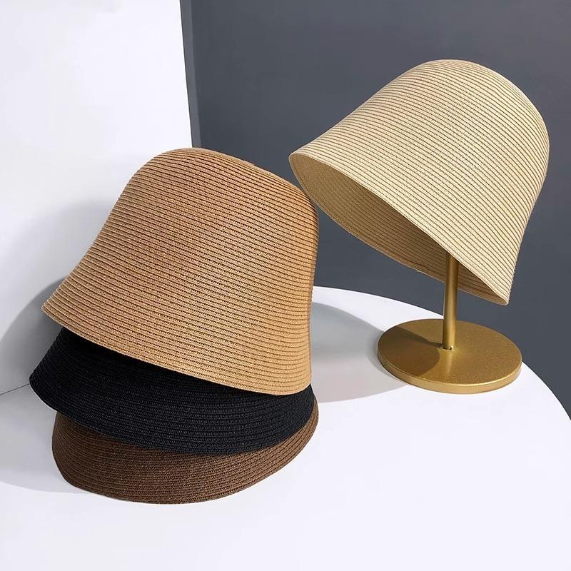 Cappello di Paglia Estivo da Donna All-match Ombreggiante Cappello da Vacanza Fresco Cappello da Pescatore da Spiaggia Pieghevole Giapponese a Forma di Campana Femminile