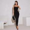 Women's French Temperament One-word Collar Suspender Dress Pleated Design Solid Color Slim and Thin Hip-wrapped Dress
