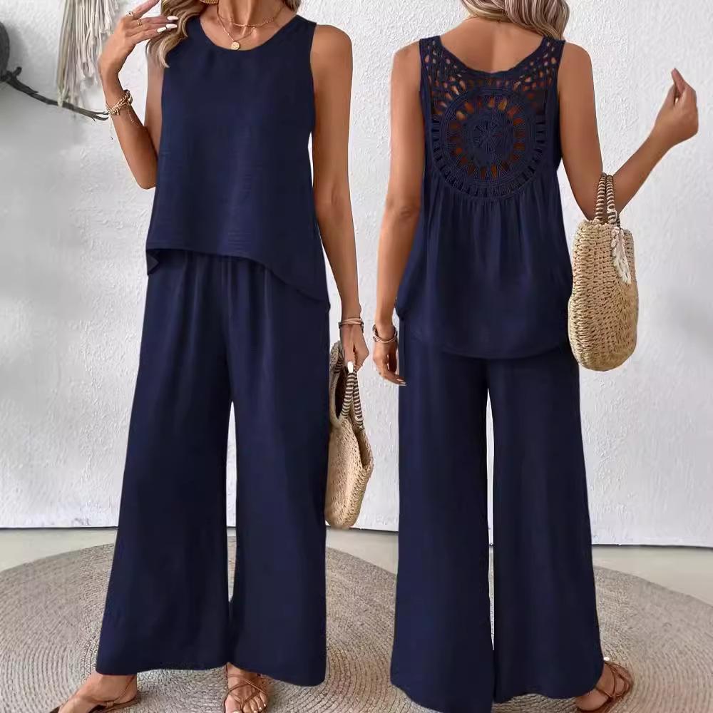 Simple Women's Suits Summer Fashion Sleeveless Loose Blouse Wide Leg Pants Two Piece Set For Women Casual Outfits