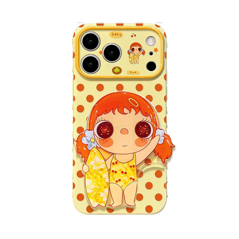 Cute Cartoon Phone Case for iPhone 16 Pro Max 15 14 with Surfing Jade Stand, Unique Women Shockproof Cover