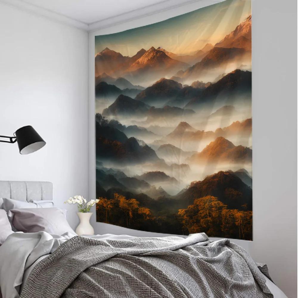 Mist Forest Background Tapestry Room Decoration Natural Landscape Wall Background Cloth Living Room Home Decoration Wall Hanging