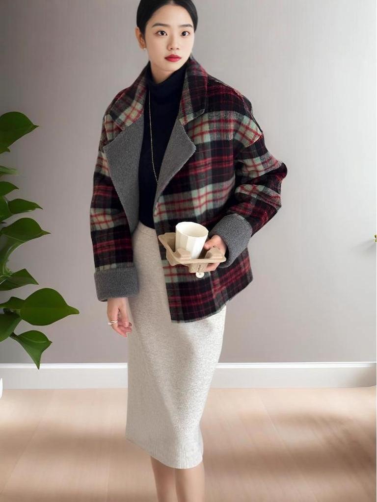 Empress Dowager Cixi Women's Double-Sided Cashmere Scarf Coat - Plaid Wool Outerwear for Autumn/Winter