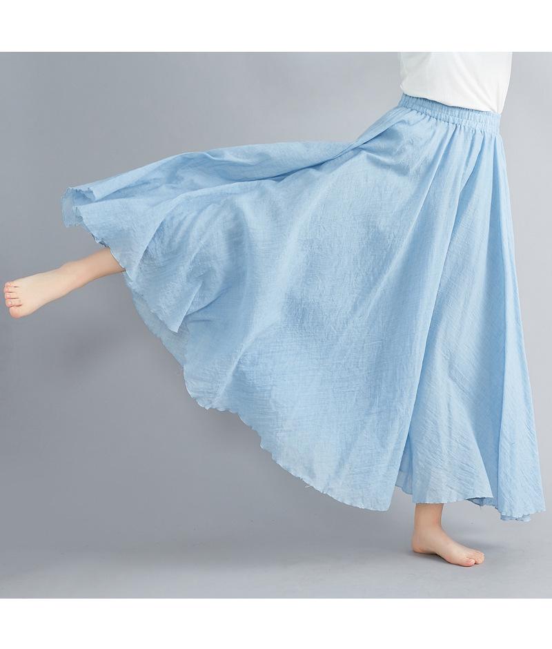 2024 Japan & Korea Loose Cotton-Linen Elastic Waist Midi Skirt – Solid Color A-line Swing Skirt