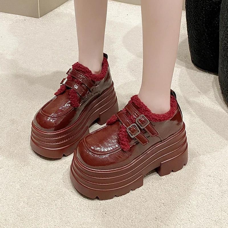 Fashion Women's Leather Platform Sneakers Autumn Winter Warm Plush Buckle Snow Shoes Thick Sole 10CM Heels Cotton Shoes Zapatos Mujer