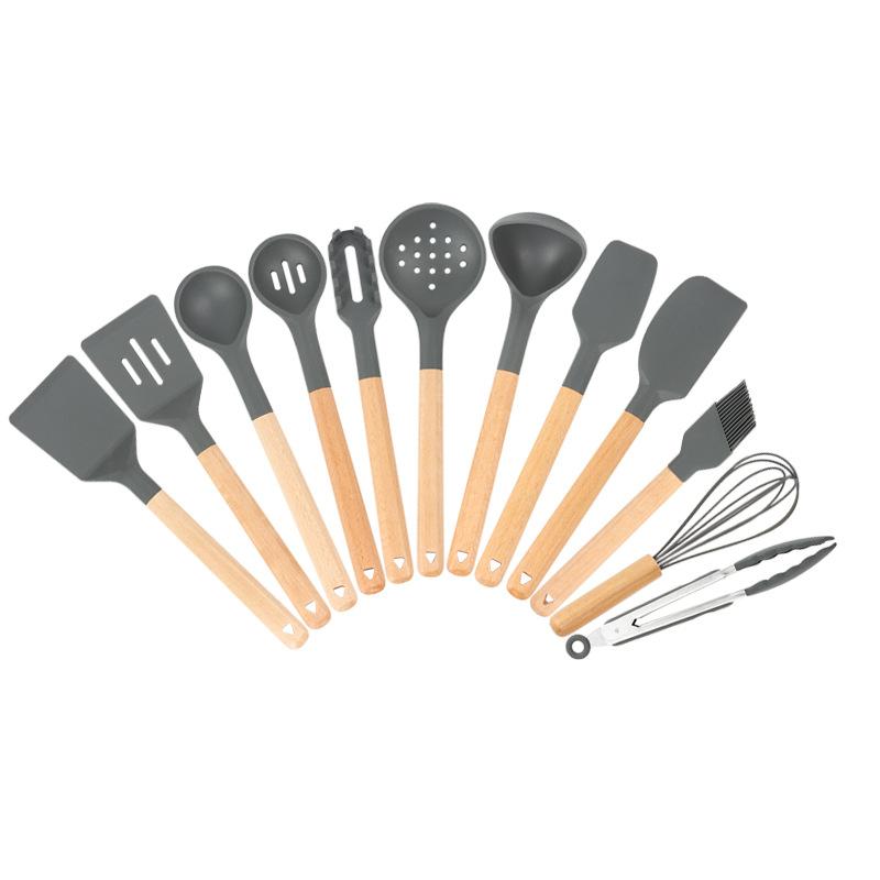 

12 шт./компл. деревянная ручка силиконовая кухонная утварь с ведром для хранения высокая термостойкость и антипригарное покрытие кастрюля шпатель ложка Grey set