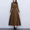 2024 Autumn Winter Women Dress Round Neck Thick Long Sleeve Printed Warm Soft A-line Loose Hem Pockets Mid-calf Length Mother Maxi Dress