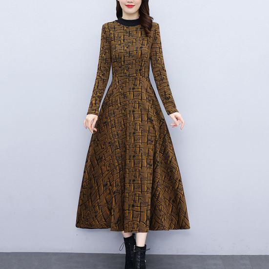 2024 Autumn Winter Women Dress Round Neck Thick Long Sleeve Printed Warm Soft A-line Loose Hem Pockets Mid-calf Length Mother Maxi Dress