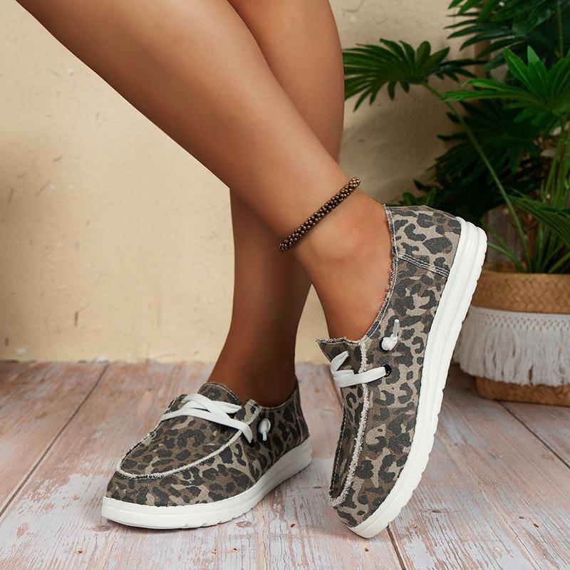 Large Size Summer Lace-up Flat Canvas Casual Shoes Round Head Large Size Leopard Print Single Shoes Lazy Shoes