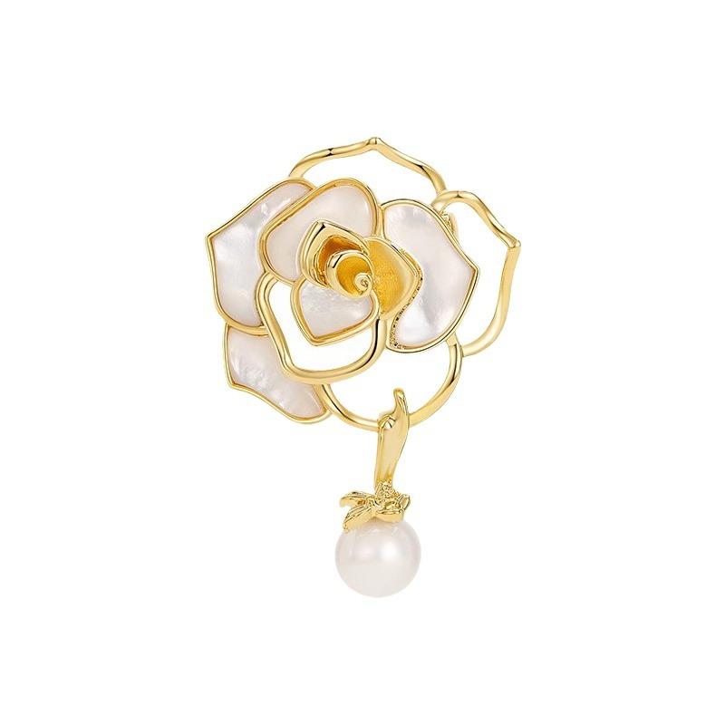 Imitation Fritillary Camellia Brooch High-End Female Luxury Temperament Pearl Brooch Niche Design Pin Suit Accessories