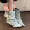 Cowhide Version! Niche Design Sense Pointed Tip Thin Heel Short Boots Women's 2025 New Pleated Pile Boots High Heel Pant Tube Boots
