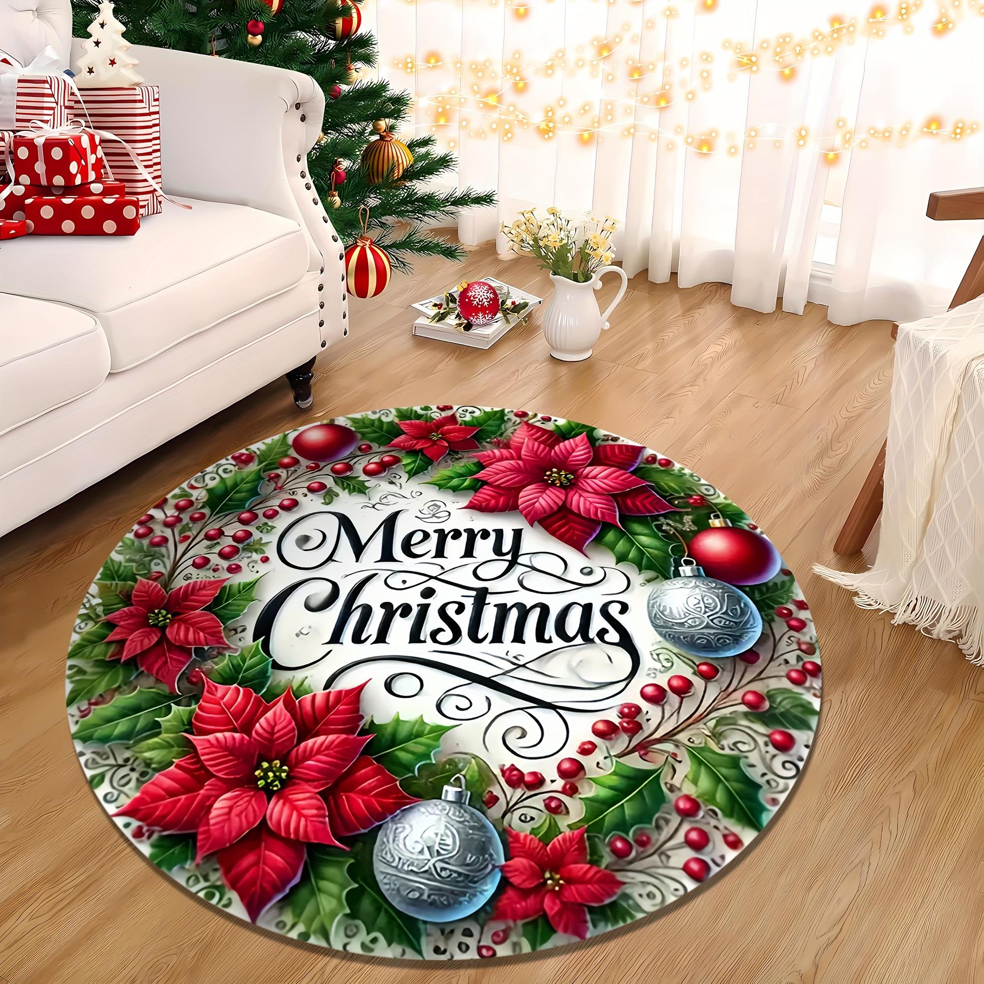 

Christmas Floral Round Rug, Machine Washable Non-Slip Mat for Living Room, Entryway, Kitchen, Office Holiday Decor Diameter 60cm