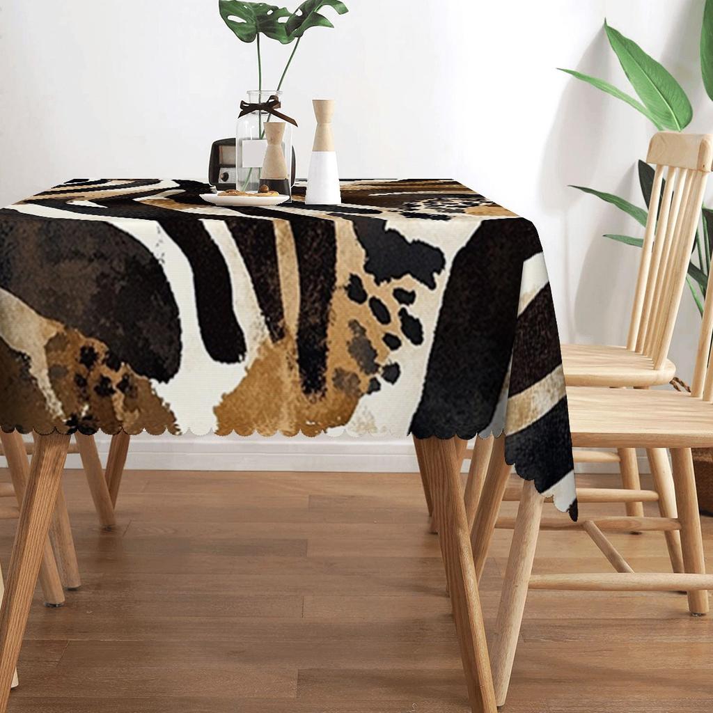 Stylish Wild Animal Print Tablecloth, Rich Brown, Black and White Zebra-Leopard Texture, Durable with Scalloped Hem for Indoor