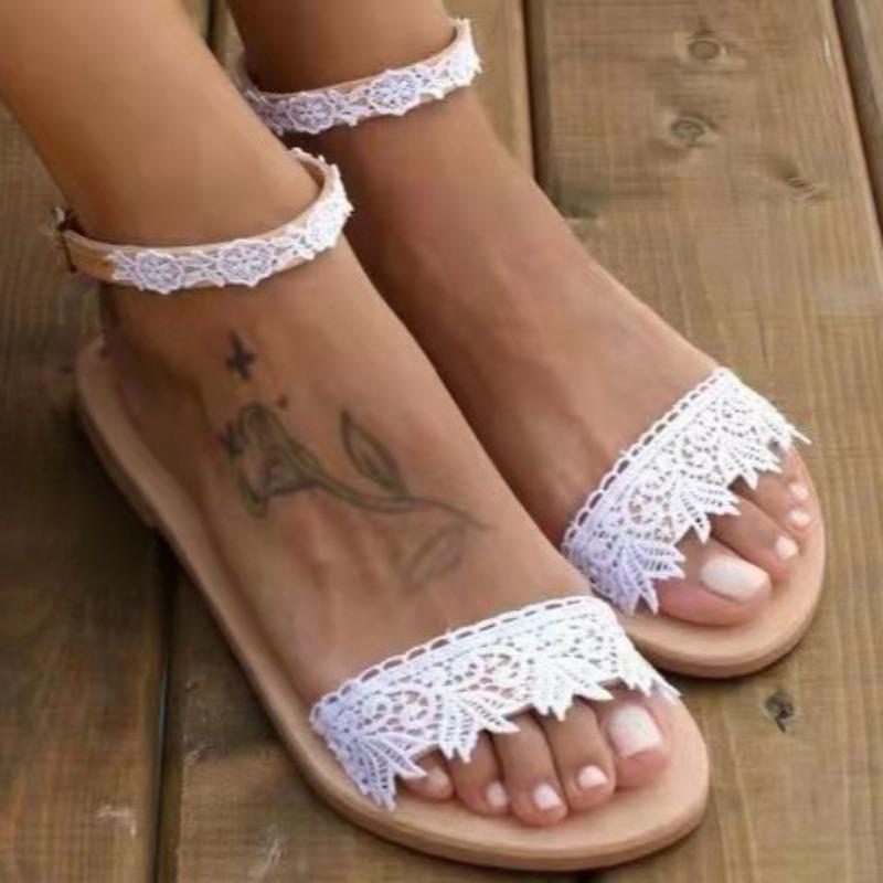 Summer New Women's Flat-heeled Sandals Lace Flower Word with Flat-toed Women's Shoes
