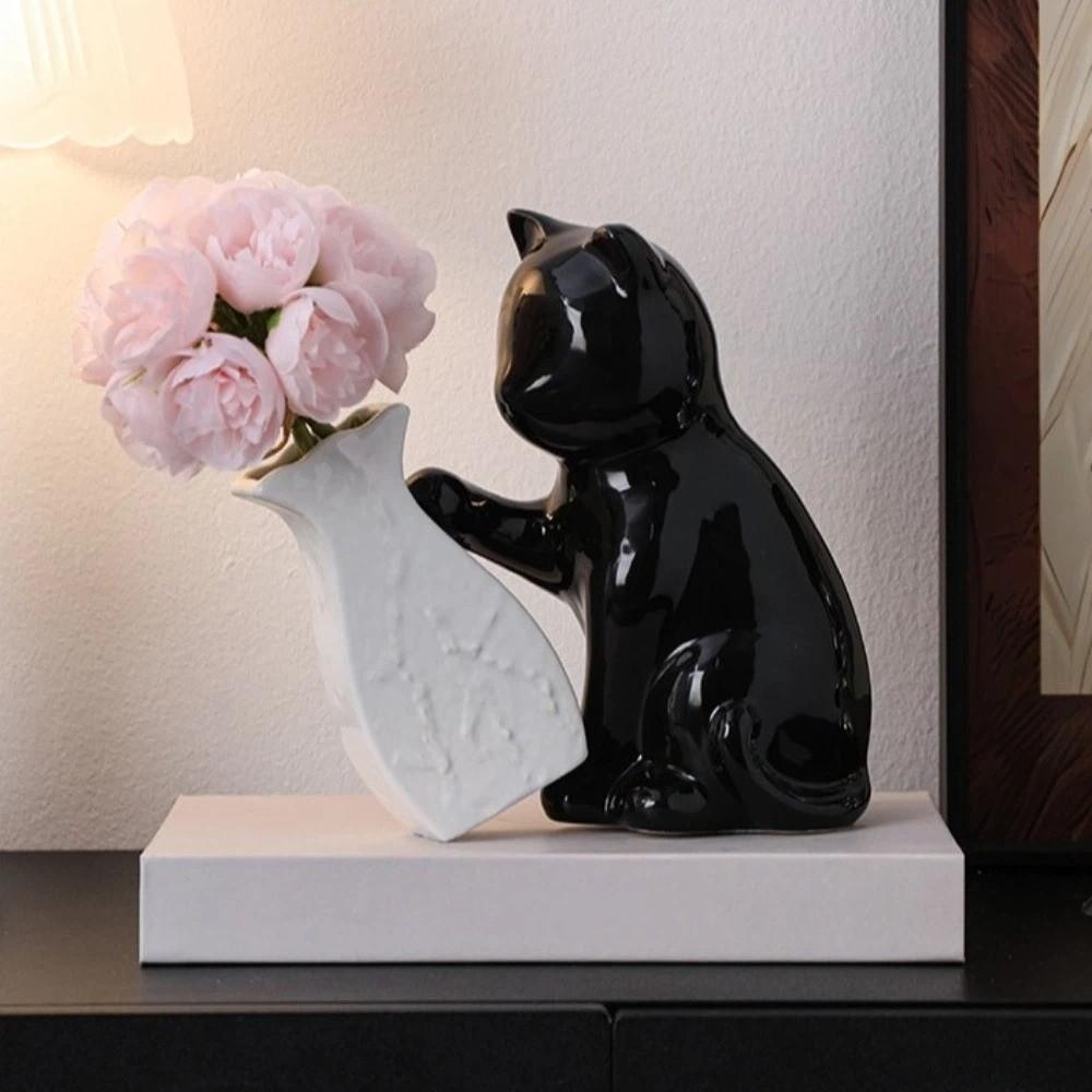 Unique Cat Pushing Vase Ceramic Flower Container Kitten with Tilted Flower Vase Shelf Decoration