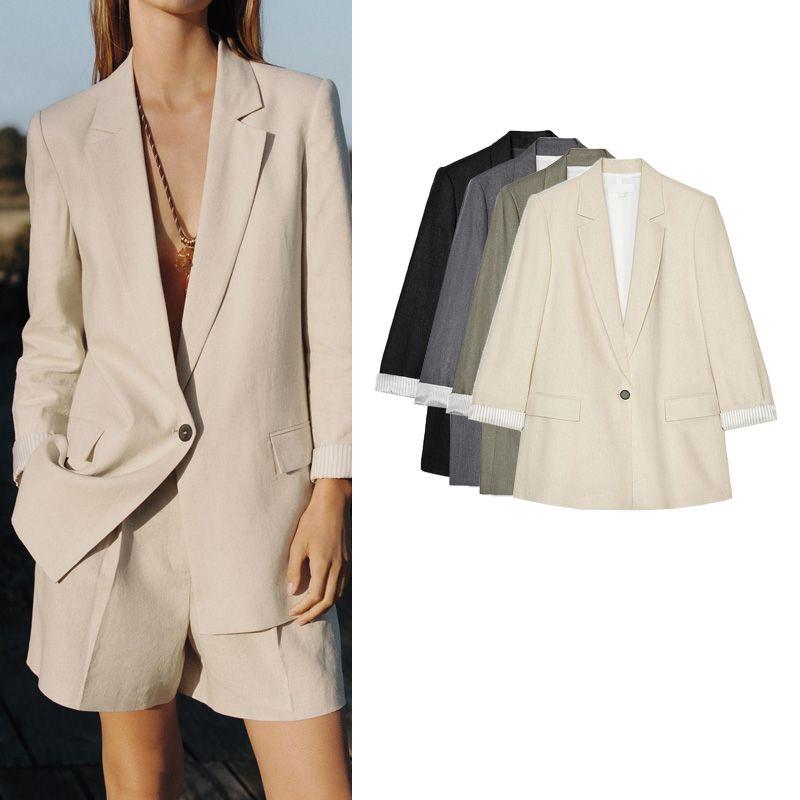 Spring New Women's Clothing Print Cuff Linen Blended Casual Suit Jacket 2753630 2686709