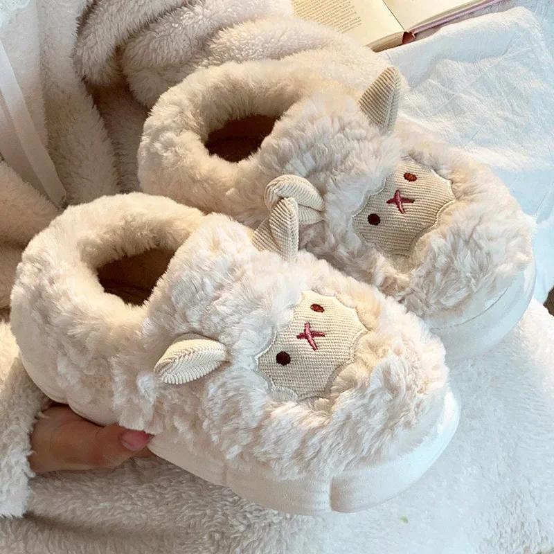 Slippers for Women Cute Cartoon Lamb House Comfortable Soft Sole Fluffy Cotton Shoes Woman Winter Warm Plush Indoor Slippers