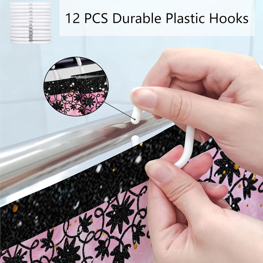 Fashion Luxury Girly Shower Curtain Pink Floral Black Perfume Shower Curtains Waterproof Polyester Fabric Shower Curtains for Bathroom Decor with 12