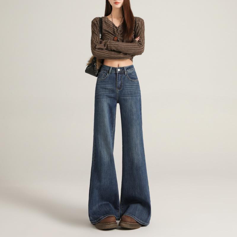 High waist does not stick to the legs, slightly pulled jeans for women, loose flared wide-leg pants in autumn and winter, slightly pulled jeans for