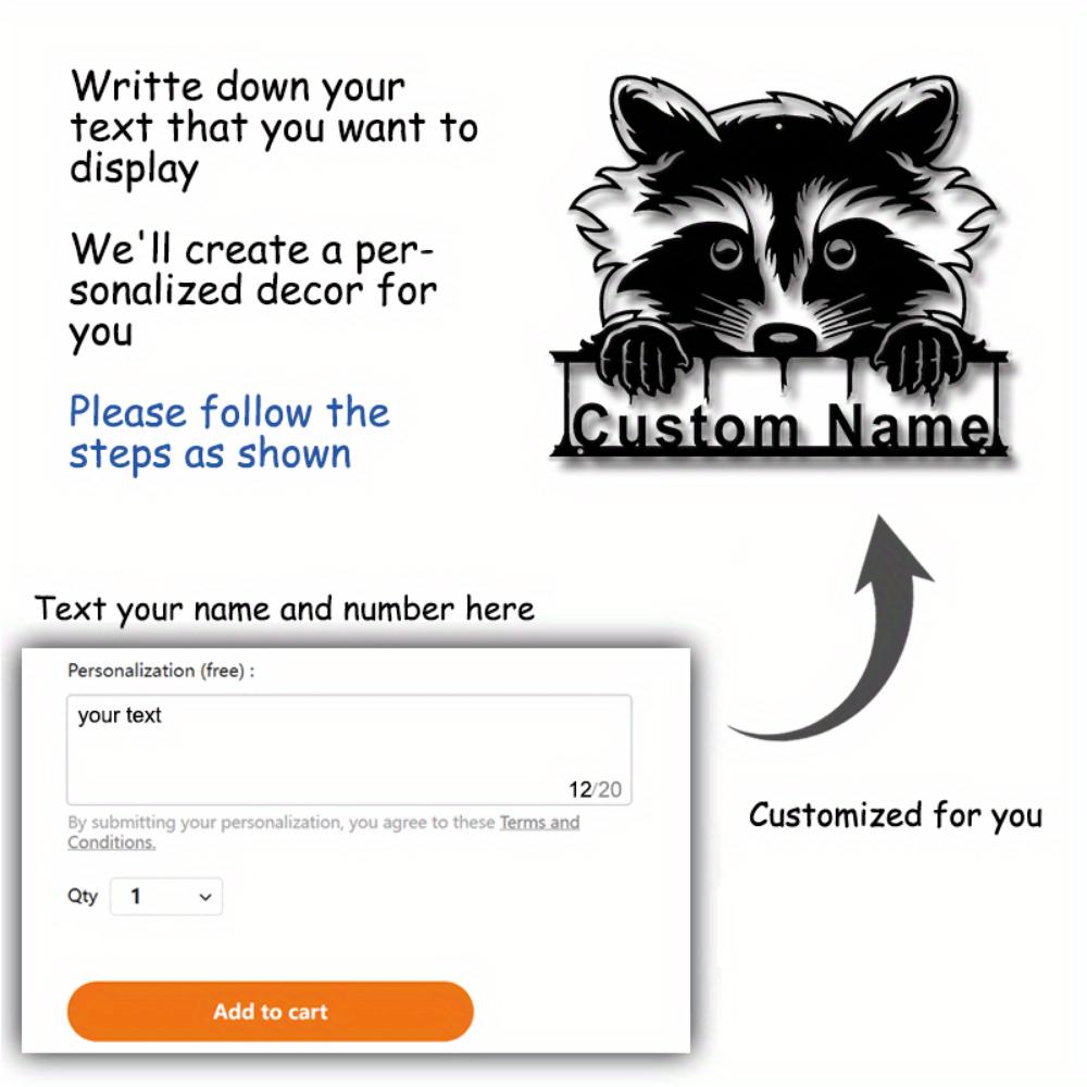 Metal Raccoon Wall Art Custom Nameplate Modern Home Decor Sturdy Easy Mount