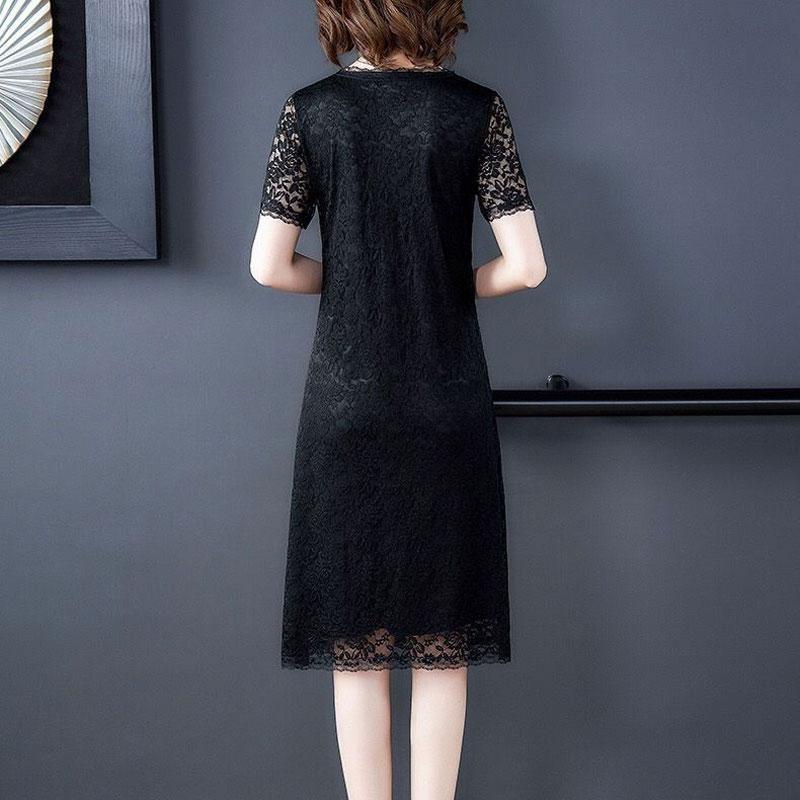Vintage Lace Hollow Out Midi Dress Summer A-Line Waist Short Sleeve Women's Clothing Casual Round Neck Fashion Spliced Dresses