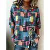 Women's Spring Summer 3D Printed Button Front Drawstring Loose Art Blouse, Blue Pink Yellow Color Vertical Line Square Print Top