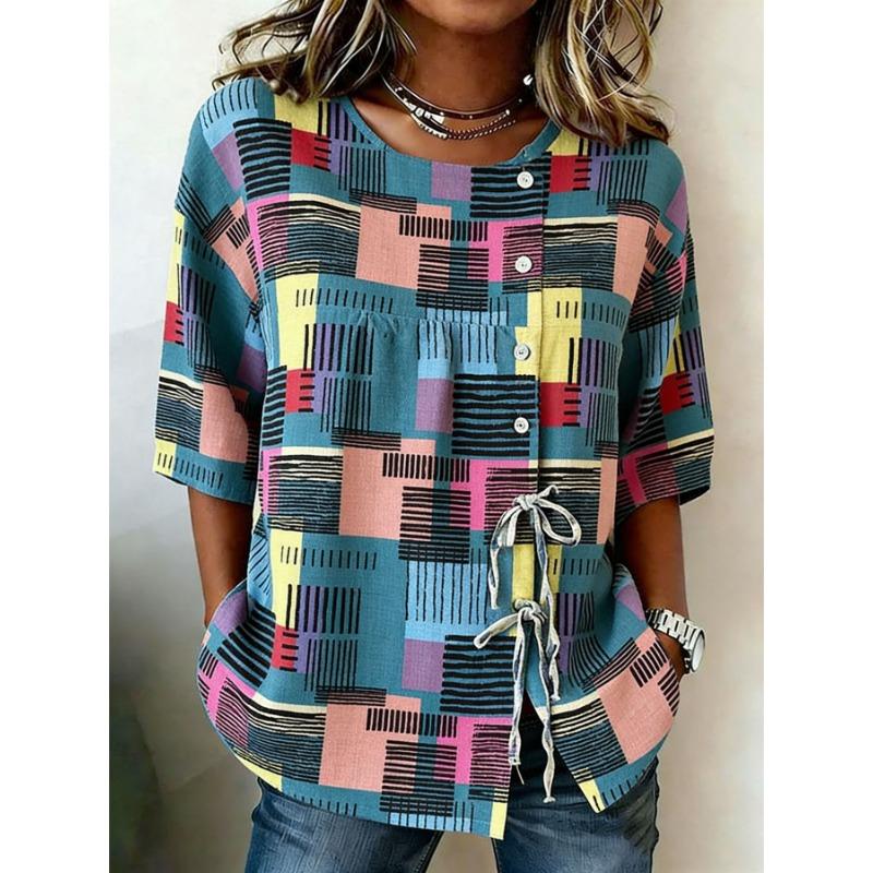Women's Spring Summer 3D Printed Button Front Drawstring Loose Art Blouse, Blue Pink Yellow Color Vertical Line Square Print Top