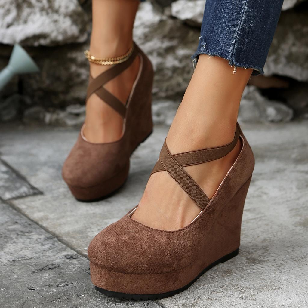 Fashion Women Shoes Flock Buckle Bowtie Ankle Strap High Heels Sexy Platform Wedges Female Pumps Red Wedding Shoe Zapatillas De Deporte