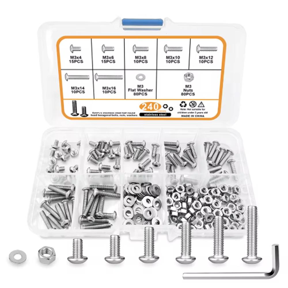 240Pcs M3 Hex Head Screws, M3x4/6/8/10/12/14/16mm Button Head Stainless Steel Internal Hexagon Screw Washer Nut Set