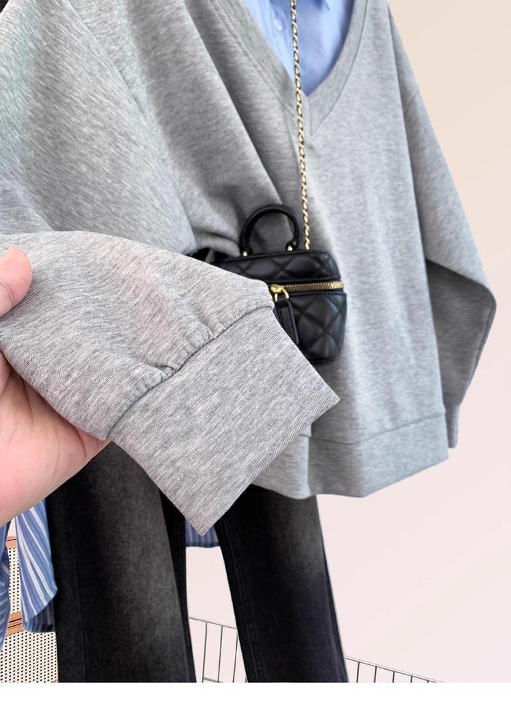 2025 Early Autumn Korean Style Grey Two-Piece Hoodie Jacket for Women, Loose Fit with Polo Collar