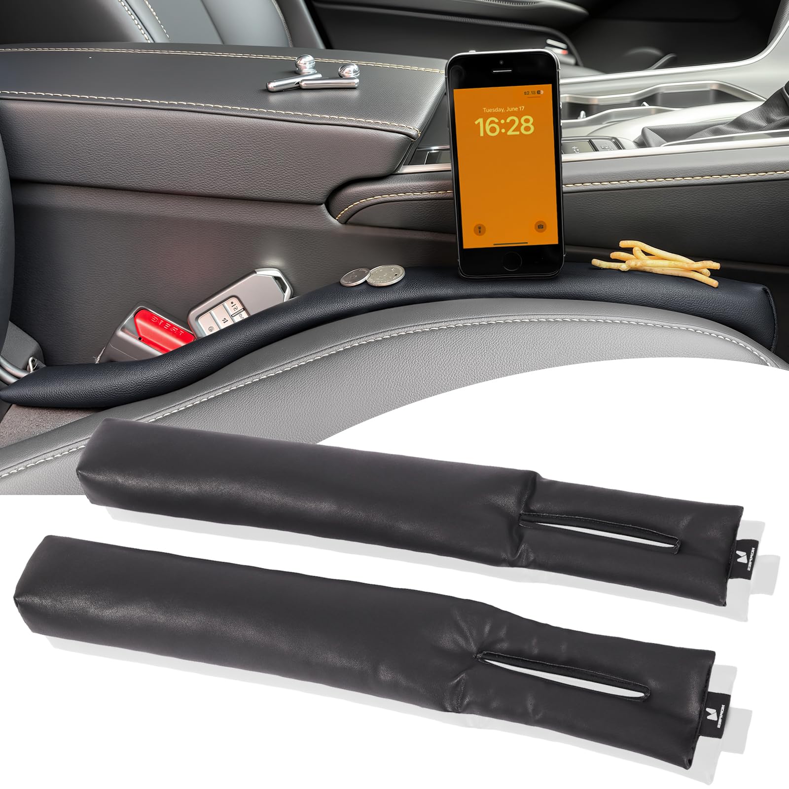 

Hompres PU Leather Car Seat Gap Filler with 700ml Car Storage Pocket and Reusable Adhesive and Prevents Keys and Smartphones from Double-Sided Tape, чёрный