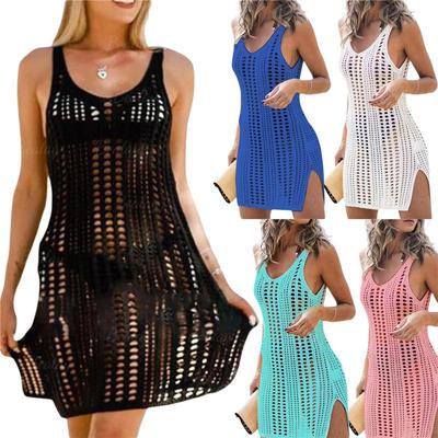 Solid Crochet Bikini Cover Up with Fringe Trim Women Sexy Hollow Tunic Beach Dress Summer Bathing Suit Beachwear