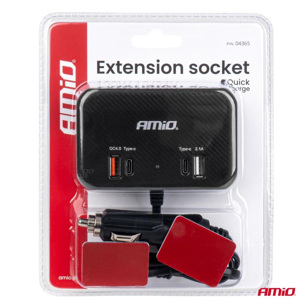 Cigarette Lighter Socket Splitter with Charger 1x USB-A 1x USB-C QC4.0 12V 24V 120W 80cm AMIO-04365