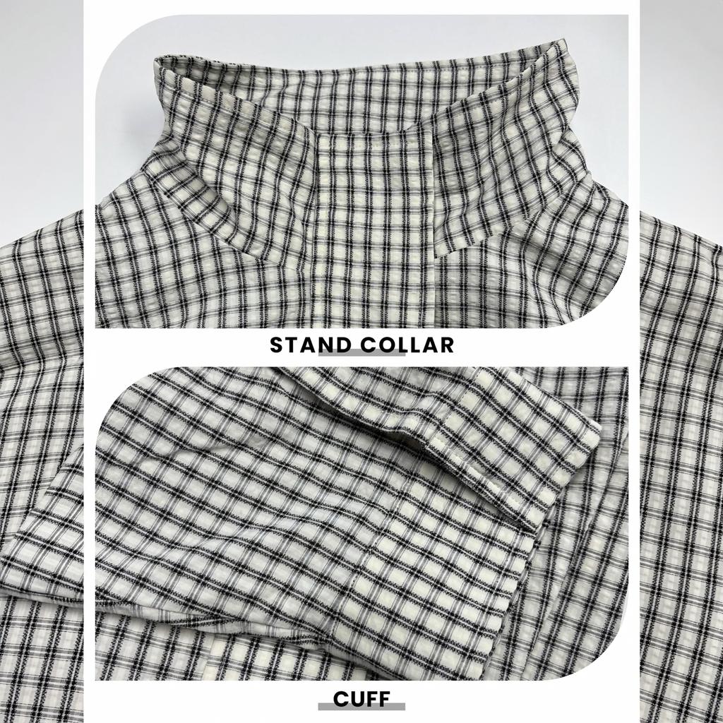 Women's Plaid Short Zip-Up Jacket with Long Sleeves and Stand Collar