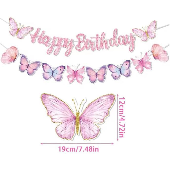 Pink Butterfly Birthday Banner, 63" x 23.6", Fade Resistant, Lightweight, Women/Girls/Teen Girls