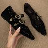 Fashion Retro Pointed Toe Mary Jane Shoes Women Fashion Rivets Double Belt Buckle Design British Style Flat Casual Shoes Designer Pumps