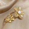 Stainless Steel Asymmetric Flower Butterfly Open Cuff Bangles for Women Gold Plated Metal Floral Bracelets Waterproof Jewelry
