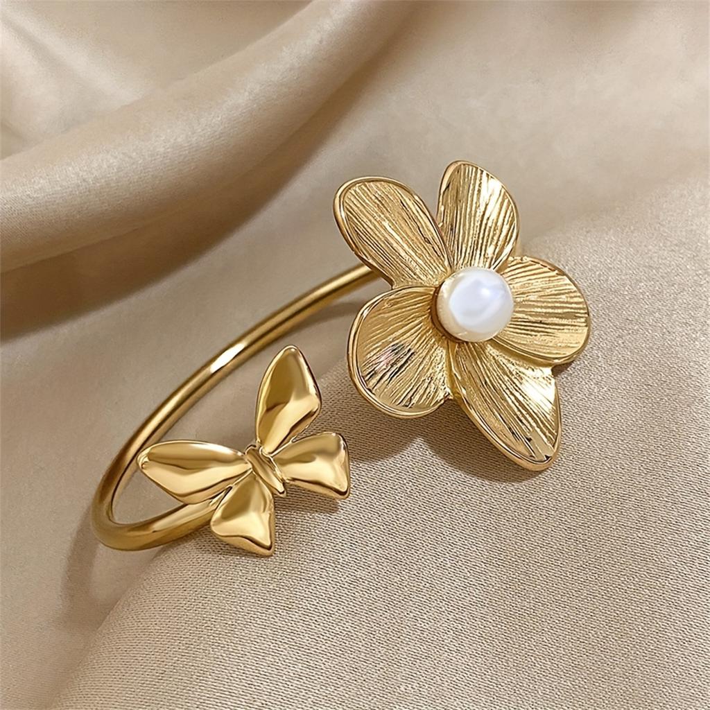 Stainless Steel Asymmetric Flower Butterfly Open Cuff Bangles for Women Gold Plated Metal Floral Bracelets Waterproof Jewelry