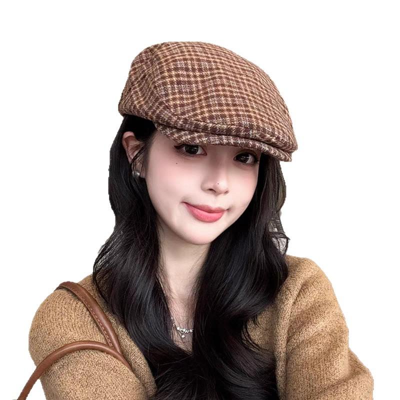 Retro Plaid Progressive Hat Women's Autumn and Winter Versatile British Style Newsboy Painter Hat Backward Wearing Woolen Duck Beret