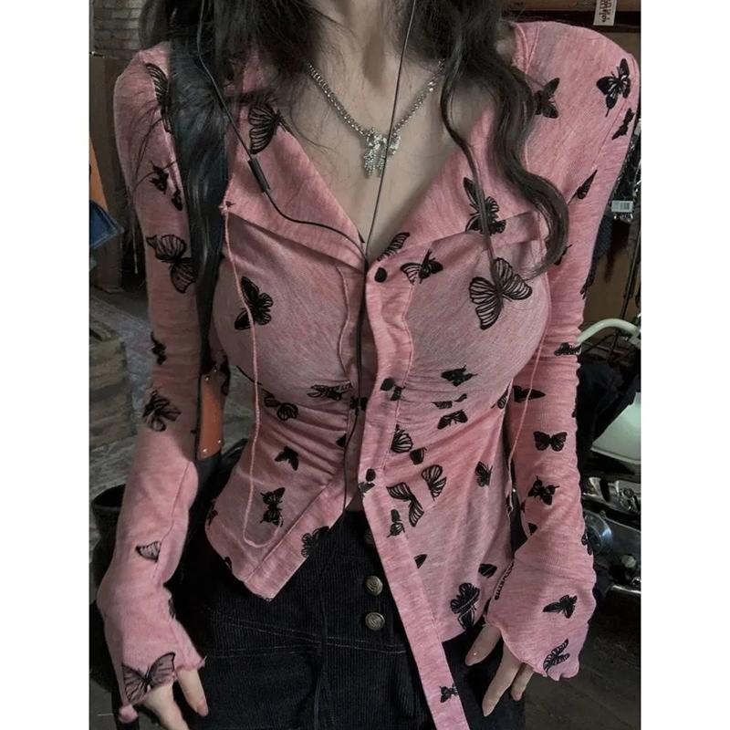 

Женские футболки на пуговицах с длинными рукавами Y2K, рубашки нестандартной формы с принтом бабочки, тонкие розовые серые топы с отложным воротником для девочек XL розовый
