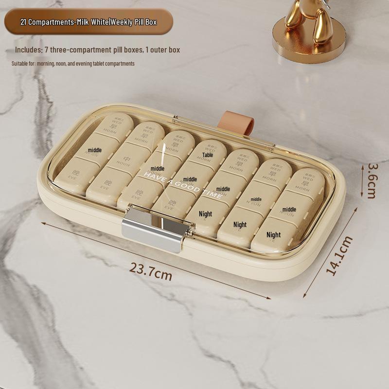 Portable Weekly Pill Organizer: Large Capacity, Sealed, Three Times Daily Dispenser, Travel-Friendly Medication Box.