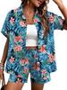 Plant-printed short-sleeved shirt, elastic waist shorts, two-piece set, vacation style casual suit, women's