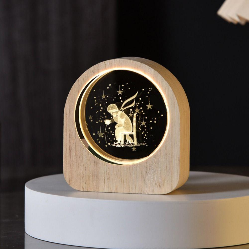 Warm Lights 3D Engraved Lamp Wooden Base Plug and Play Wood Crystal Night Light Decorative Laser Engraved