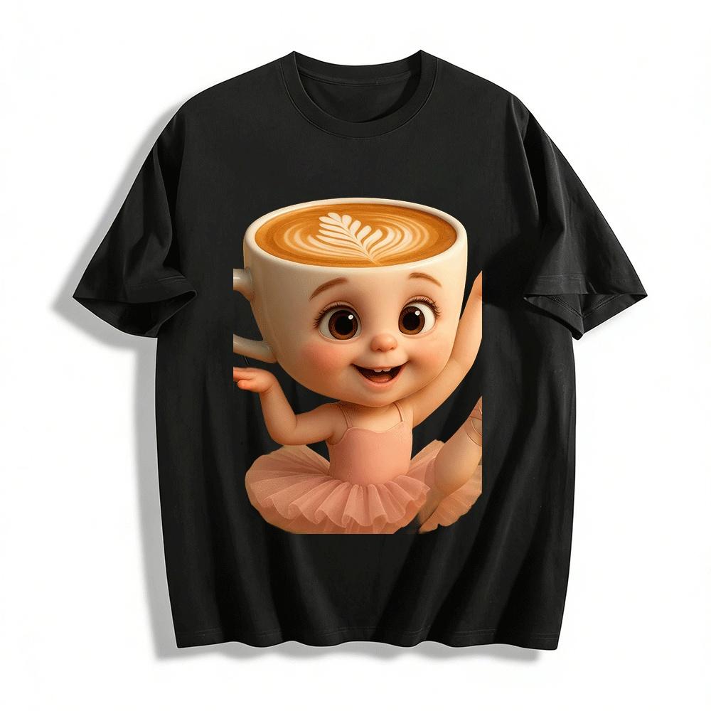

Cute Coffee Cup Ballet Girl Print Casual Top Pure cotton T-shirt XXS