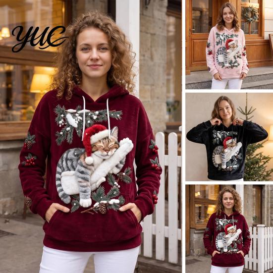Winter Pullover Hoodie Damen Weihnachten Katze Aufdruck Hoodie, Übergroßes Langarm Sweatshirt, Tägliche Kleidung Sweatshirt Lässig Locker Kordelzug Kapuze