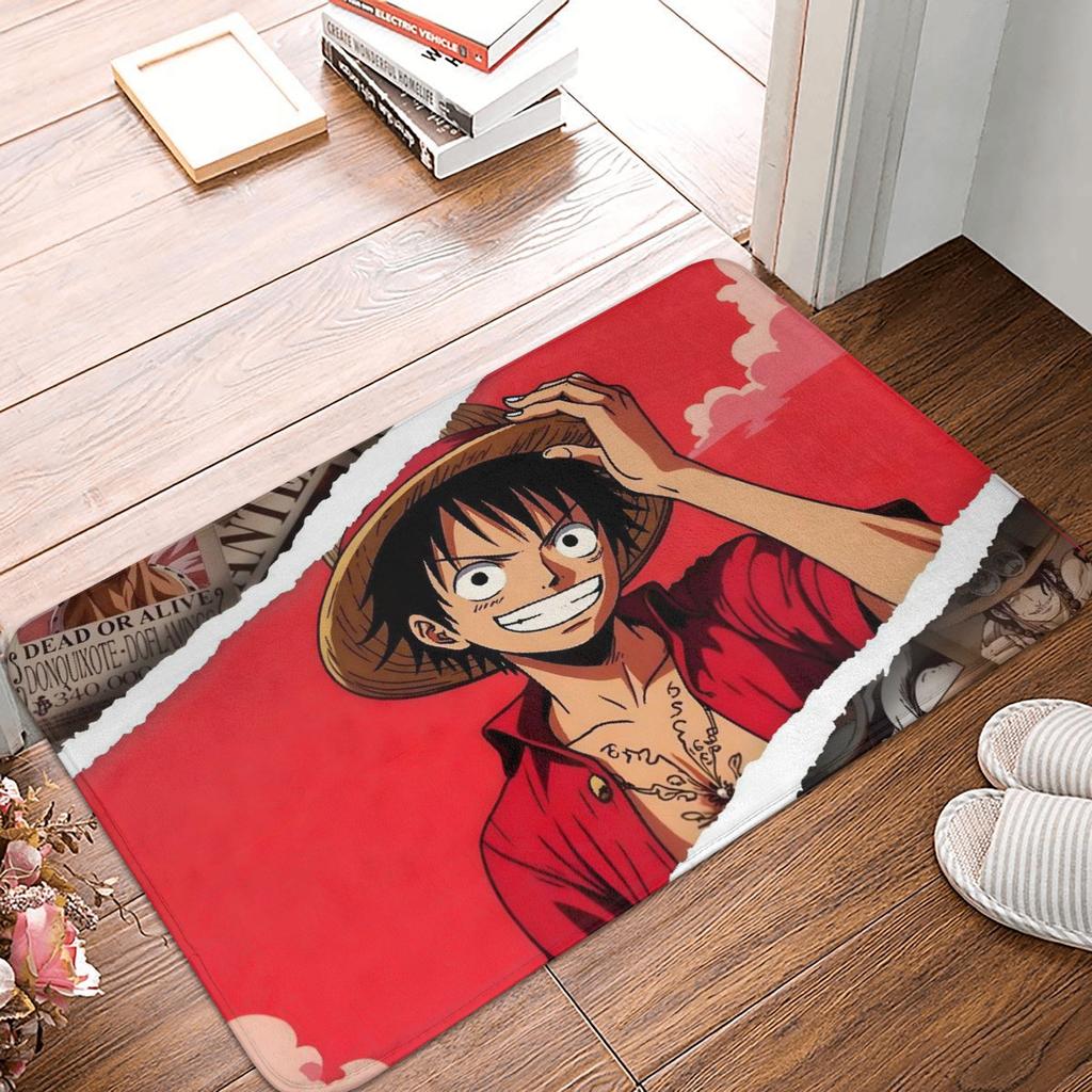 Anime One Piece Front Door Mat Anti-Slip Outdoor Absorbent Straw Hat Pirates Luffy Doormat Garden Garage Entrance Rug Carpet