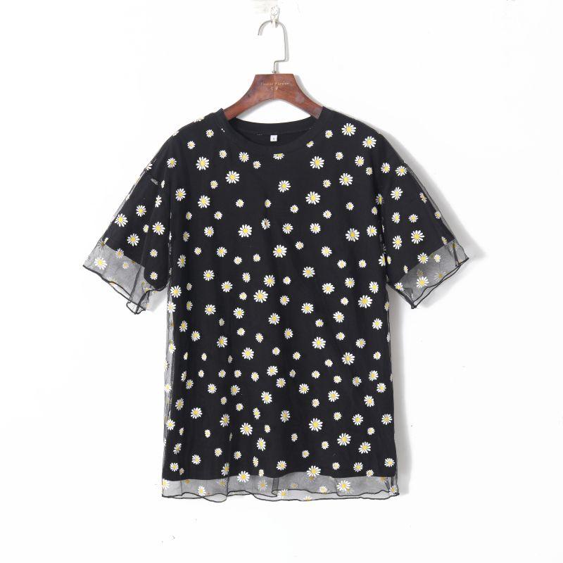 

2023 Summer Women s Clothing Comely Stitching Mesh Little Daisy Offset Printing round Neck Pullover Short Sleeve Loose Younger T-shirt Black Daisy M