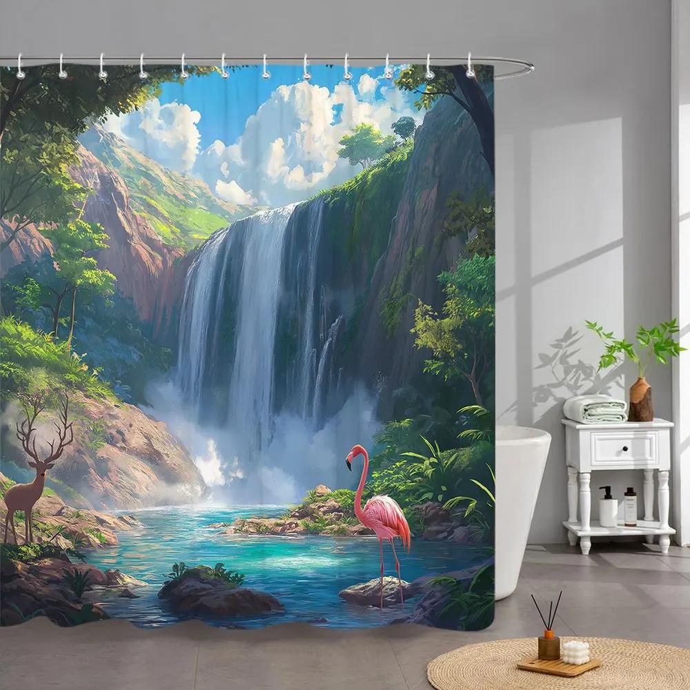 

1Pc Fantasy Waterfall Shower Curtain - Vibrant Tropical Landscape With Pink Flamingo & Majestic Deer, Machine Washable Polyester W60H190(CM)-1 Pcs
